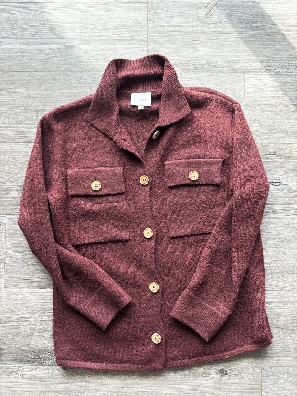Pink Rose Burgundy Button-Front Knit Jacket